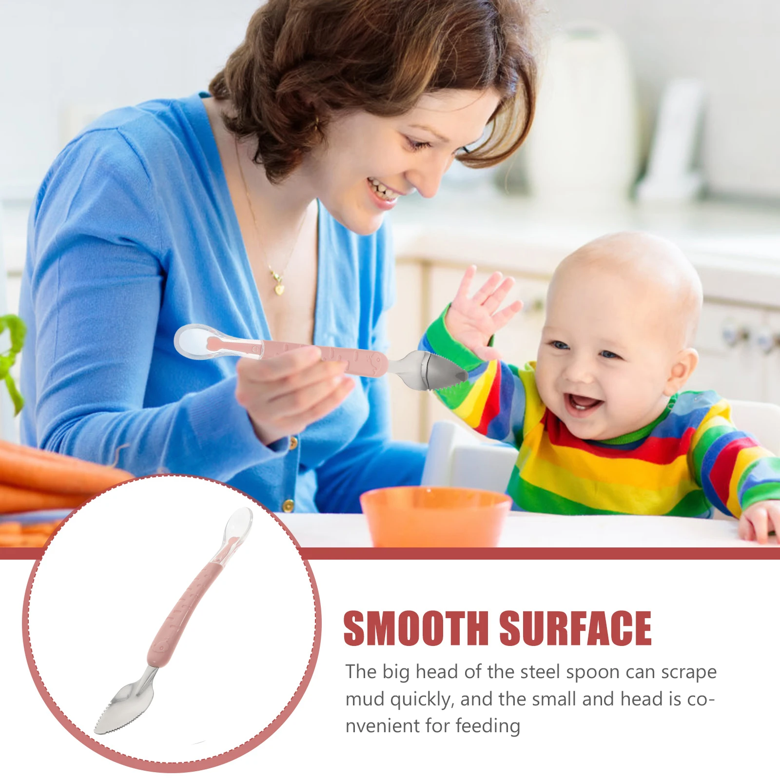 ملعقة من الفولاذ المقاوم للصدأ بتصميم مزدوج الرأس، أدوات تغذية بحافة مسننة ناعمة