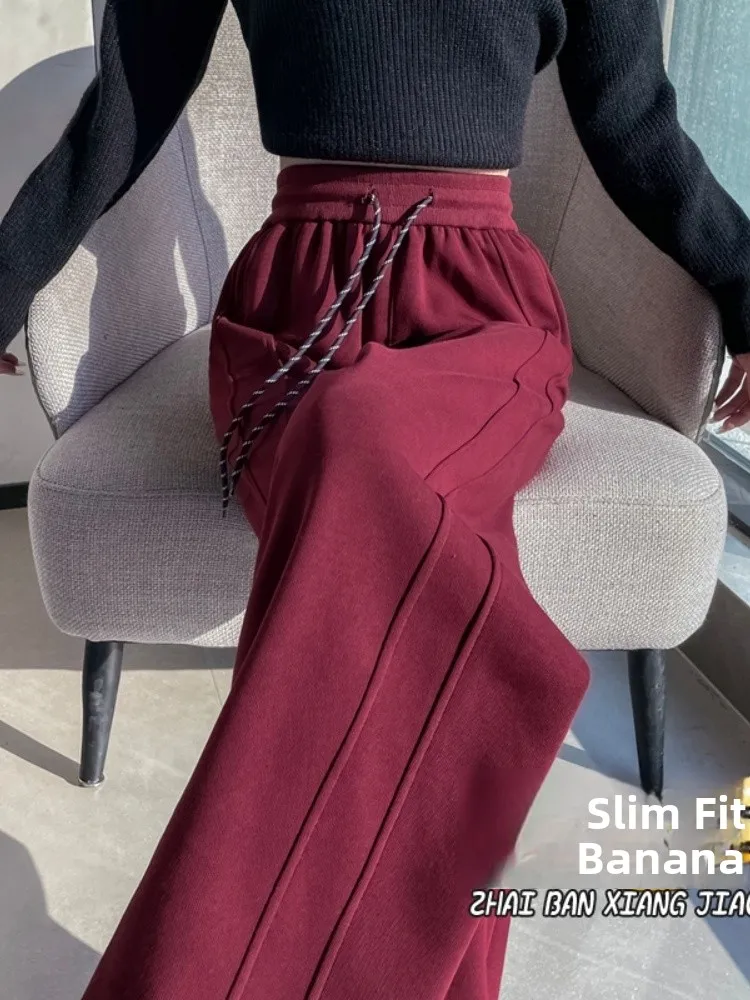 Ankela Rode Slanke Wijde Pijpen Broek Dames Lente Herfst 2025, Kleine Maat Afslanken Drapey Spor Banaan Rechte Pijpen Broek