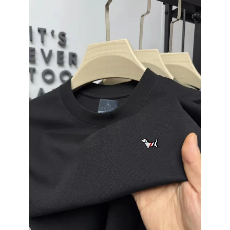2026 Summer Men's New Round-neck T-shirt High-end Brand Dog-tooth Pattern Print Comfortable Business Leisure Short-sleeve