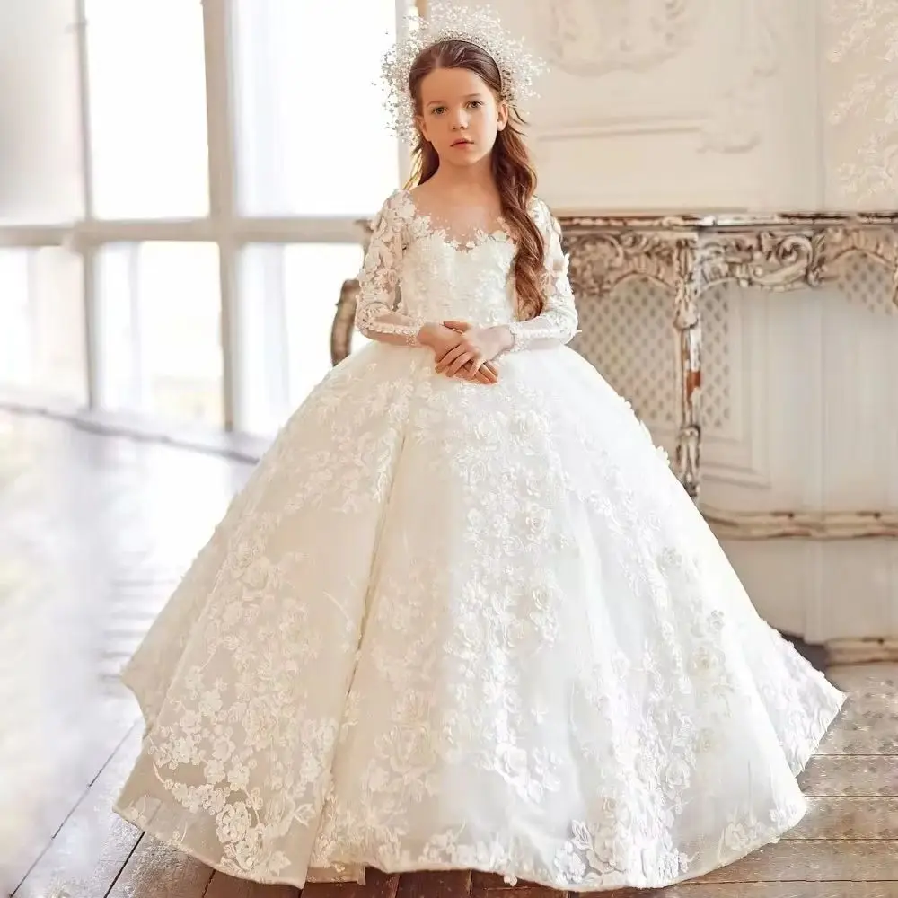

Luxury Flower Girl Dresses White Rose Floral Appliques Long Sleeves for Wedding Prom Party Pageant Banquet Gowns Customized