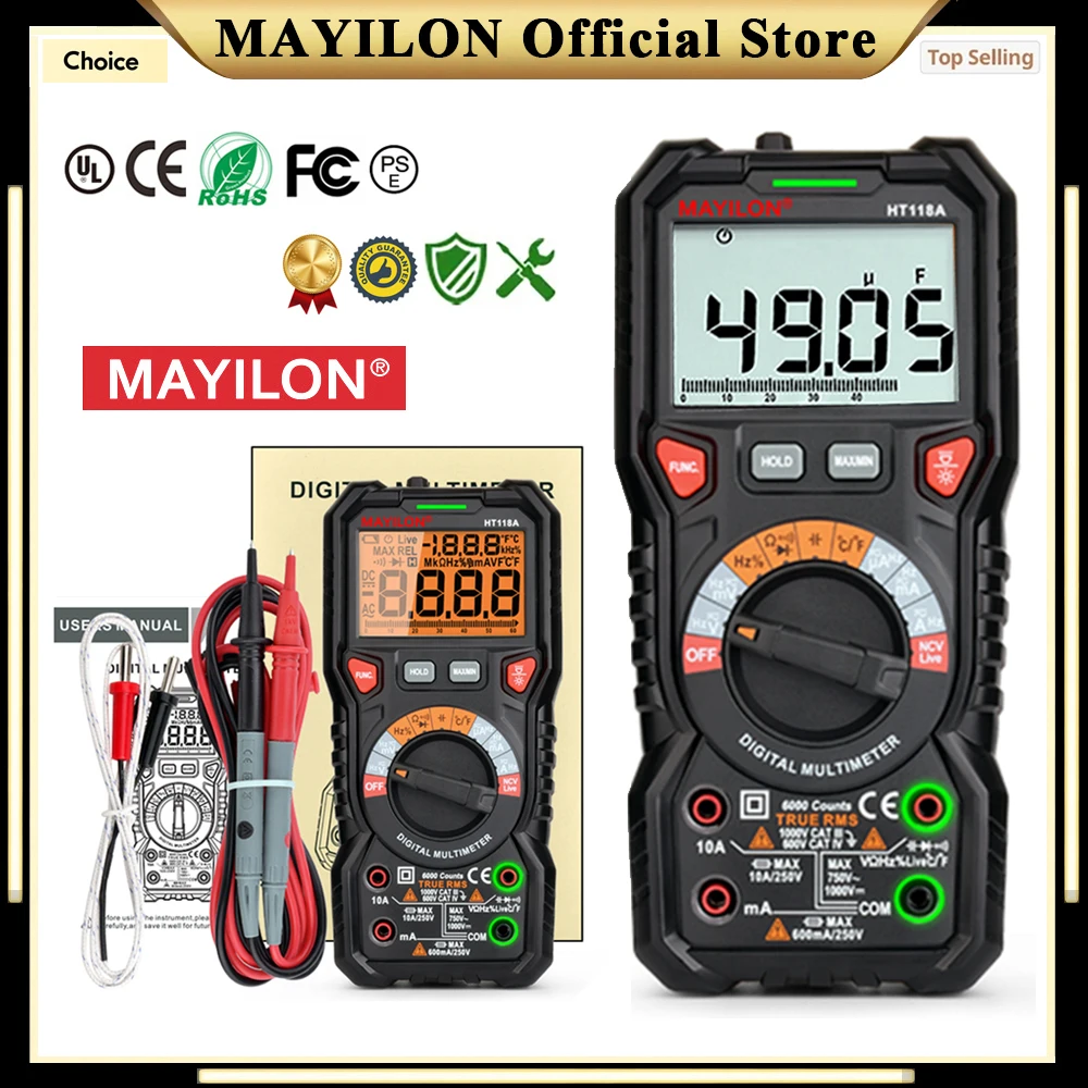 MAYILON HT118A/C/D Digital Multimeter Input Jack LED Indicator AC/DC Ammeter Voltmeter Hz Ohm Continuity Electrical Multi Tester