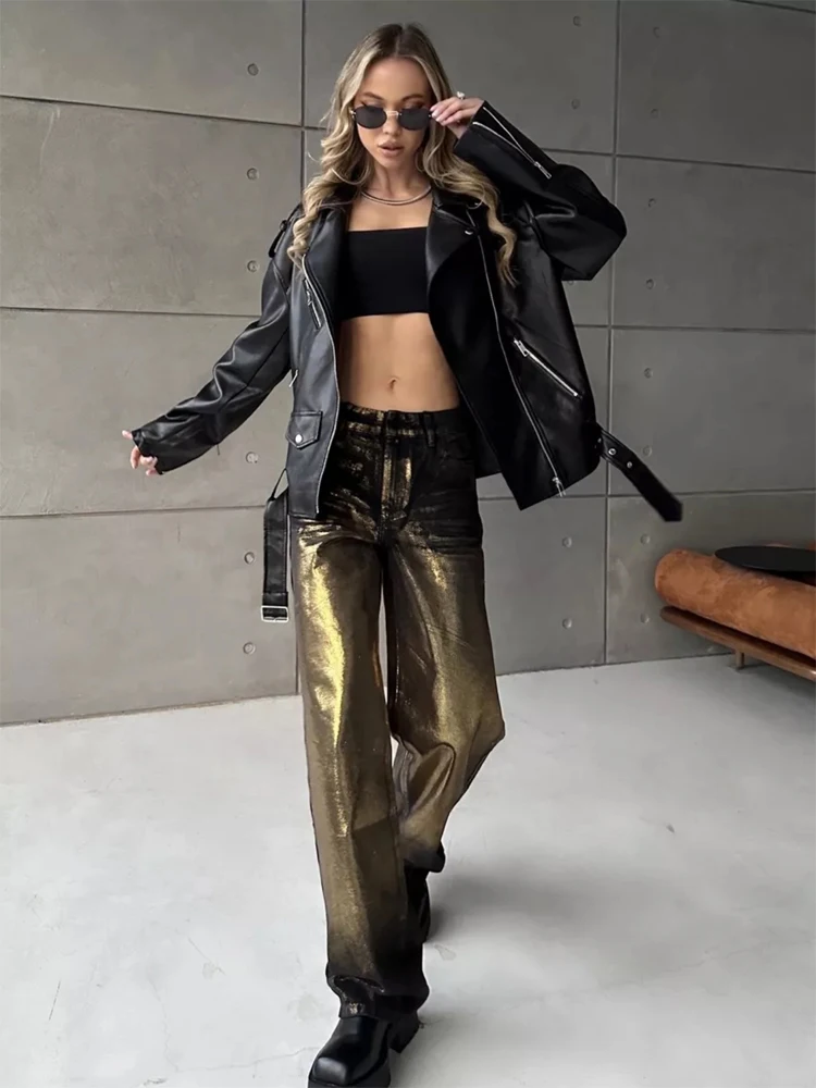 

Стильная черная глянцевая кожаная куртка свободного кроя для женщин, ретро-стиль, с отложным воротником, длинными рукавами, на молнии, с завязками, укороченная, 2026, женская верхняя одежда в стиле Highstreet