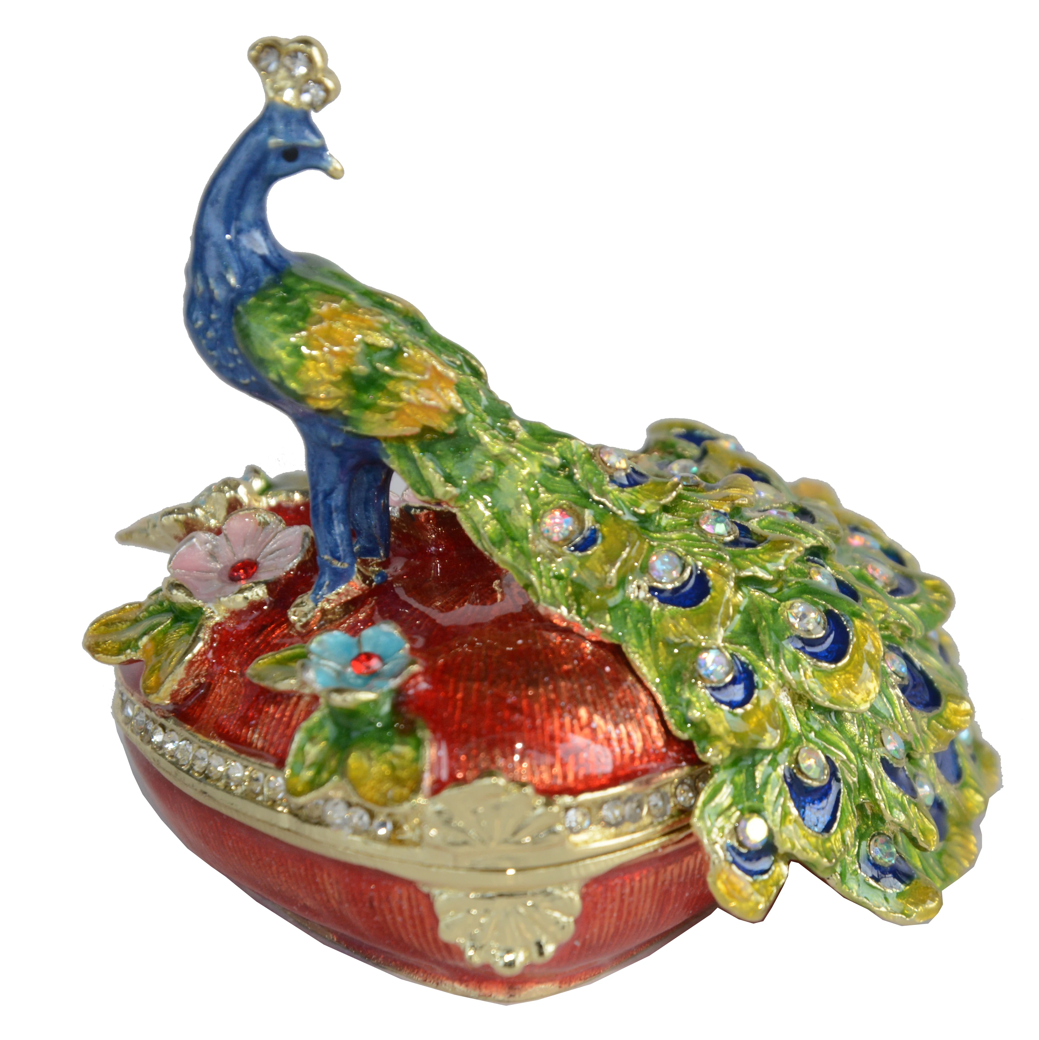 Heart Shaped Crystal Jeweled Peacock Trinket & Box Jewelry Keepsake Pewter Animal Collectible Figurines Gift