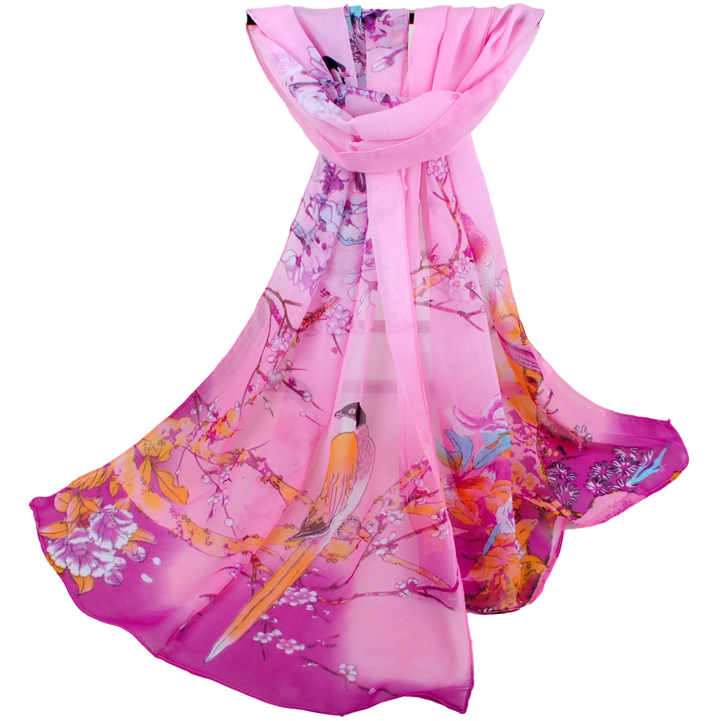 

Long Silk Scarf for Women Sunscreen Wrap, Headscarf, Chiffon Hijab, Auspicious Bird Pattern, Spring, Summer, 50x160cm