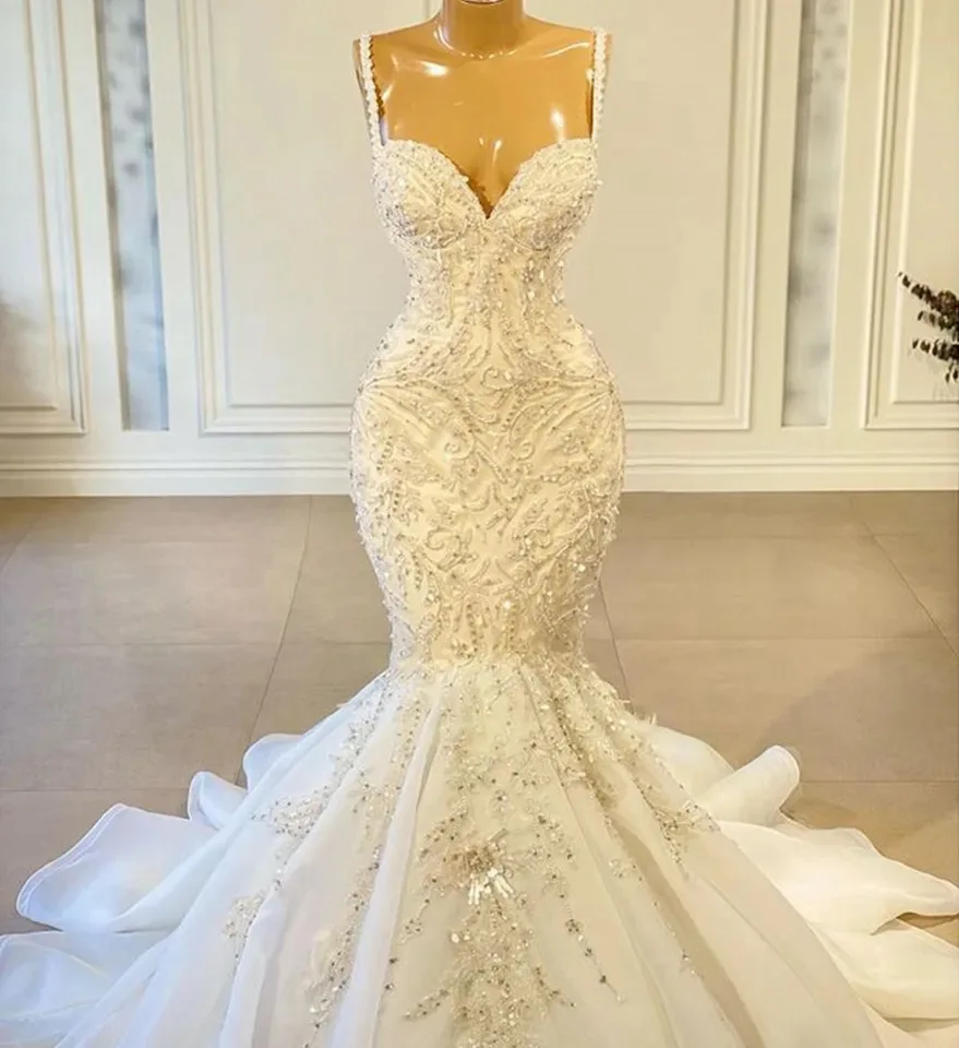 Customized Luxury Mermaid Wedding Dresses 2024 Sweetheart Beads Lace with Straps Sexy Vintage African Woman Bridal Wedding Gown