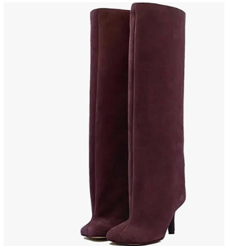 Botas de caballero por encima de la rodilla para Mujer, pantalón Vintage esmerilado, tacones hasta el muslo, Botas occidentales de talla grande para Mujer