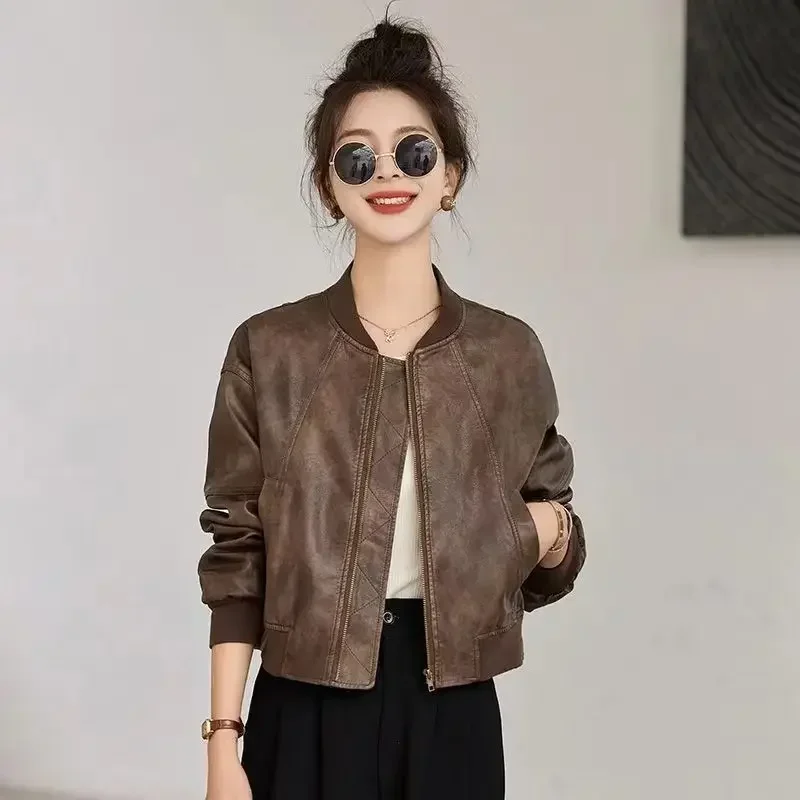 Spring Autumn Short Female Baseball Aviator Coats Fashion Youthful Casual Offer Cheap Lined Women's PU Leather Bomber Jackets