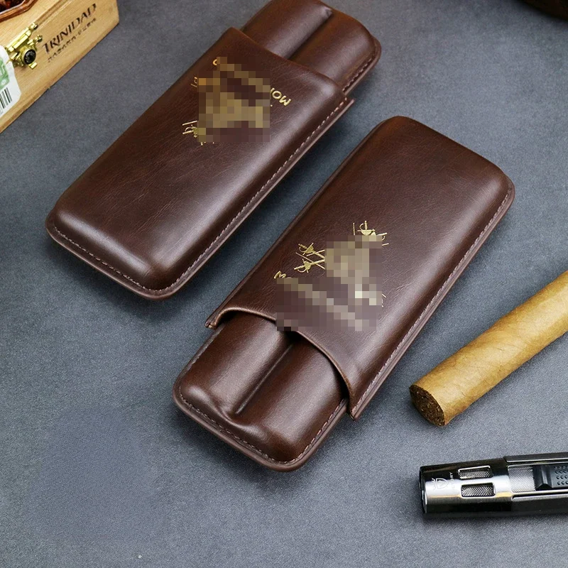 Portable Leather Cigar Travel Case 2 Tubes Cigars Holder with Sharp Cutter Carrying Humidor Cigar Accessories Gift for Boyfriend