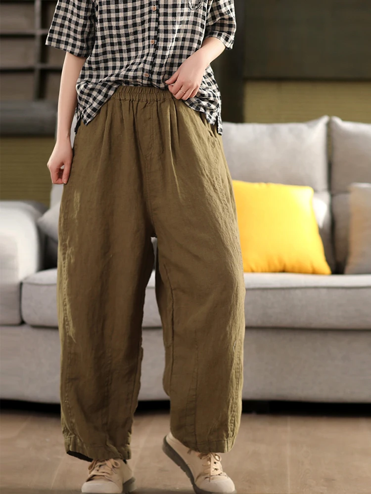 

Retro Heavyweight Linen Casual Pants Women's Tapered Harem Pants Inner Slimming Long Trousers Commute Sle l Waist