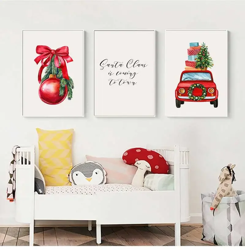 لوحة فنية جدارية حديثة وبسيطة، مجموعة عيد الميلاد الحمراء، هدية عيد الميلاد، ملصق مطبوع على قماش عالي الدقة، ديكور غرفة المعيشة المنزلية وغرفة نوم الفتاة