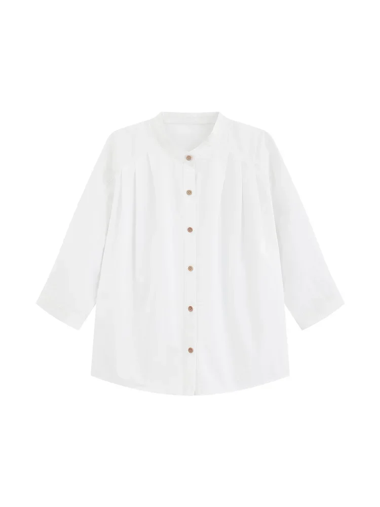 Vintage Wooden Button Loose Shirt for Women – Casual Retro 3/4 Sleeve Blouse, Elegant Summer & Autumn Oversized Relaxed Fit