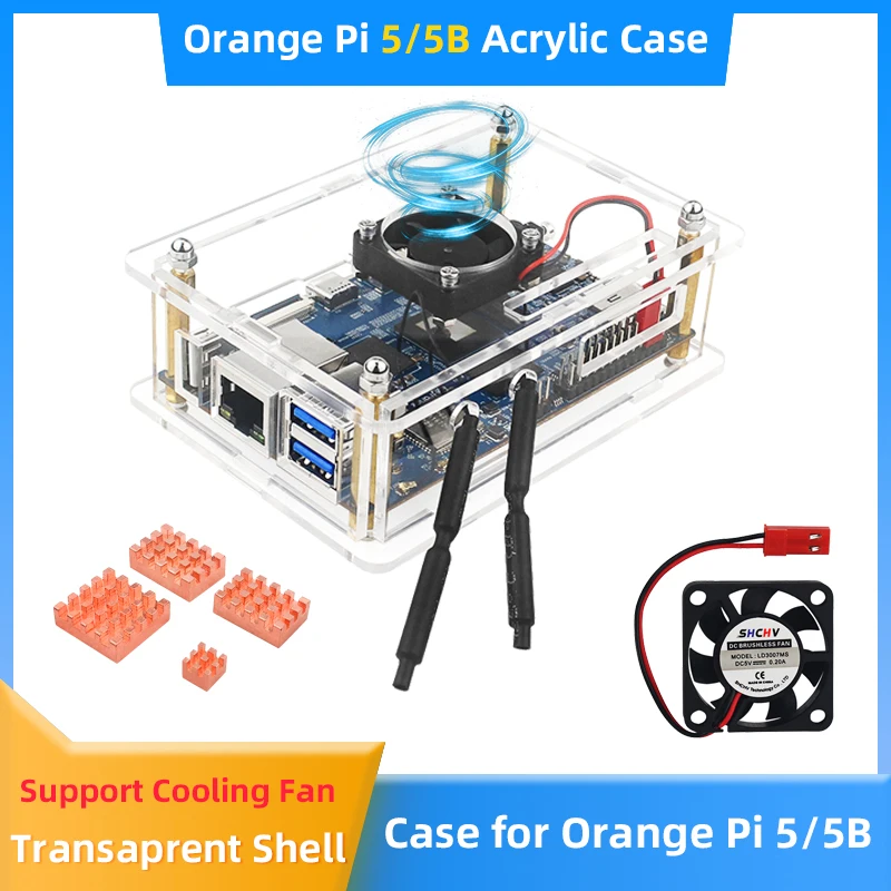 Caso acrílico para laranja pi 5/5b, concha transparente, antena de suporte, ventilador, dissipador de calor, fonte de alimentação