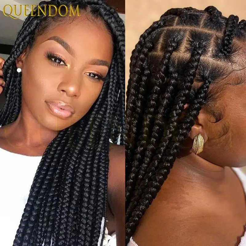 36 بوصة الاصطناعية شعر مستعار أسود طويل كامل الدانتيل شعر مستعار مضفر كبير مربع Knotless صندوق الضفائر شعر مستعار للنساء السود شعر مستعار كورنو