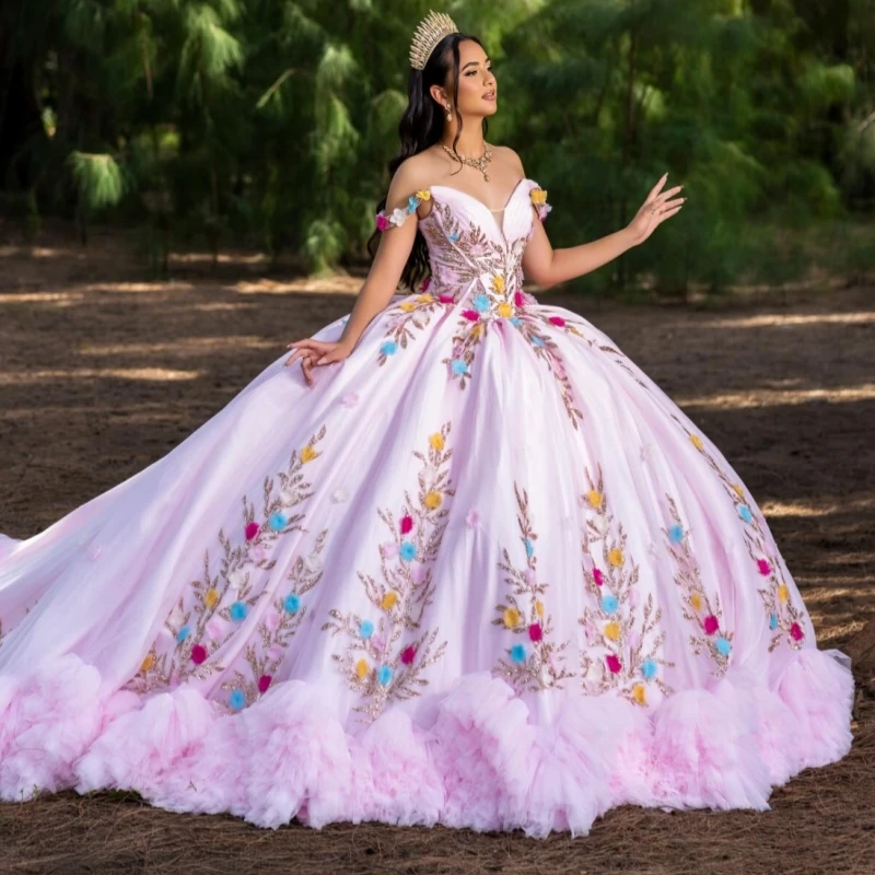 

Pink Shiny Quinceanera Dresses Off The Shoulder Applique Flower Beading Tiered Tull Corset Party Birthday Sweet 16 Dress Vestido