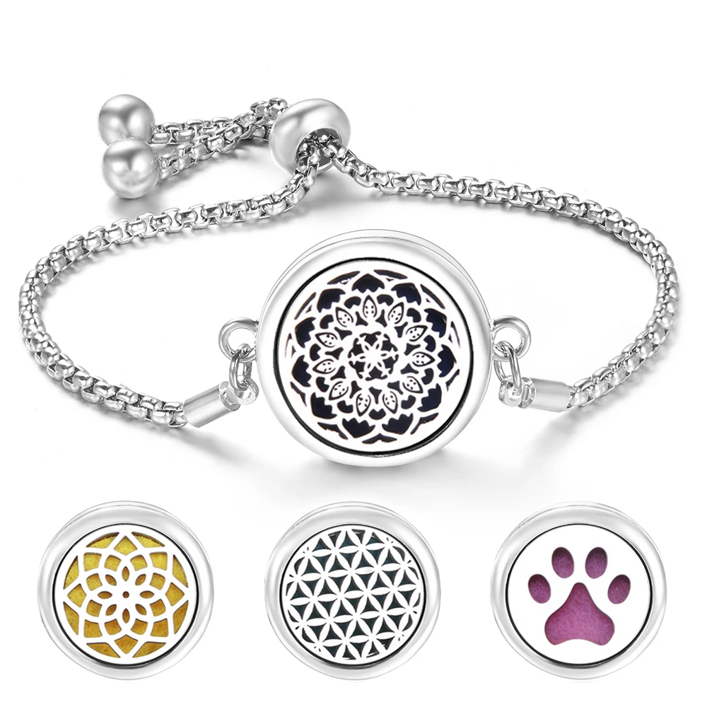 New Flower of life Aromatherapy Bangle Essential Oil Diffuser Stainless Steel Perfume Locket Bracelet Adjustable Women Jewelry