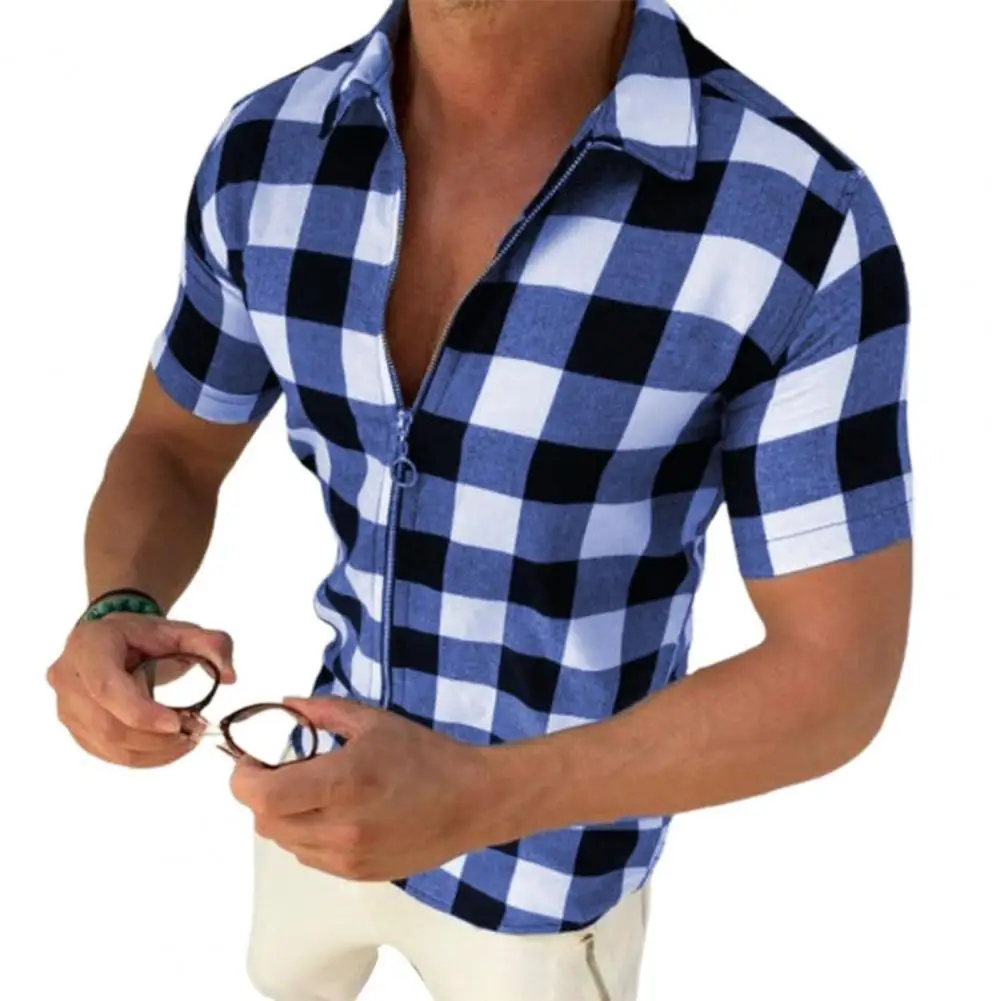 

Plus Size Men Shirt Short Sleeve Plaid Cardigan Contrast Colors Zip-up Summer Top Shirt for Men Work