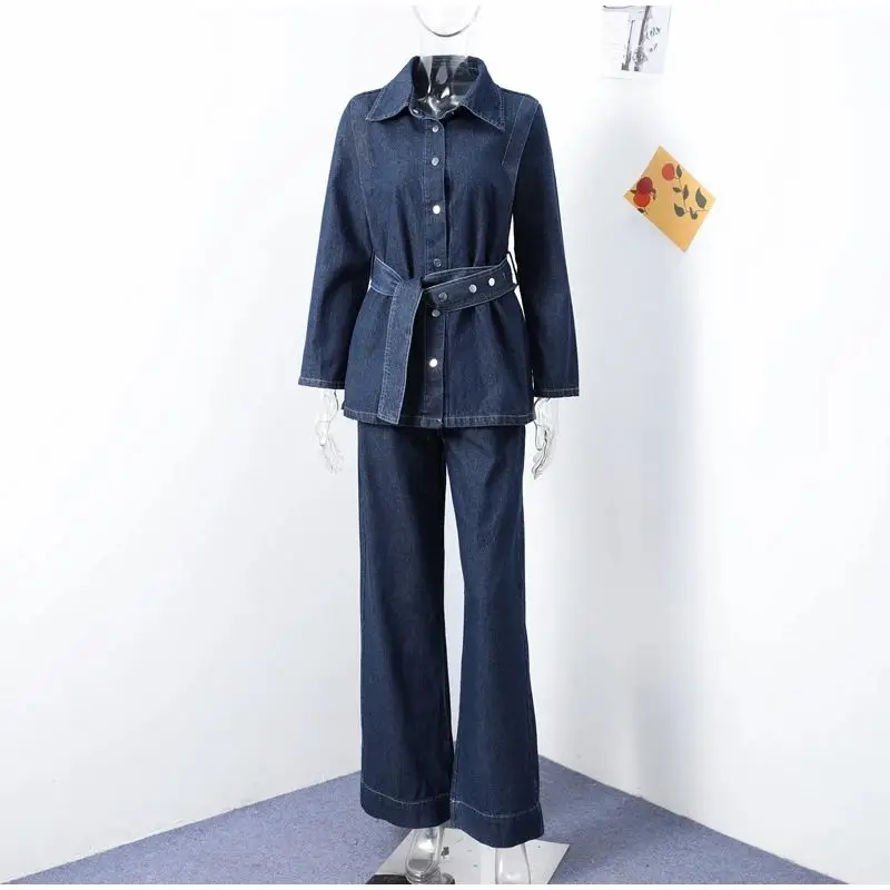

Solid Denim Women Sets High Waist Straight Leg Pants Sets For Women 2 Pieces With Belt Jacket Coat Top Casual Women Outfit