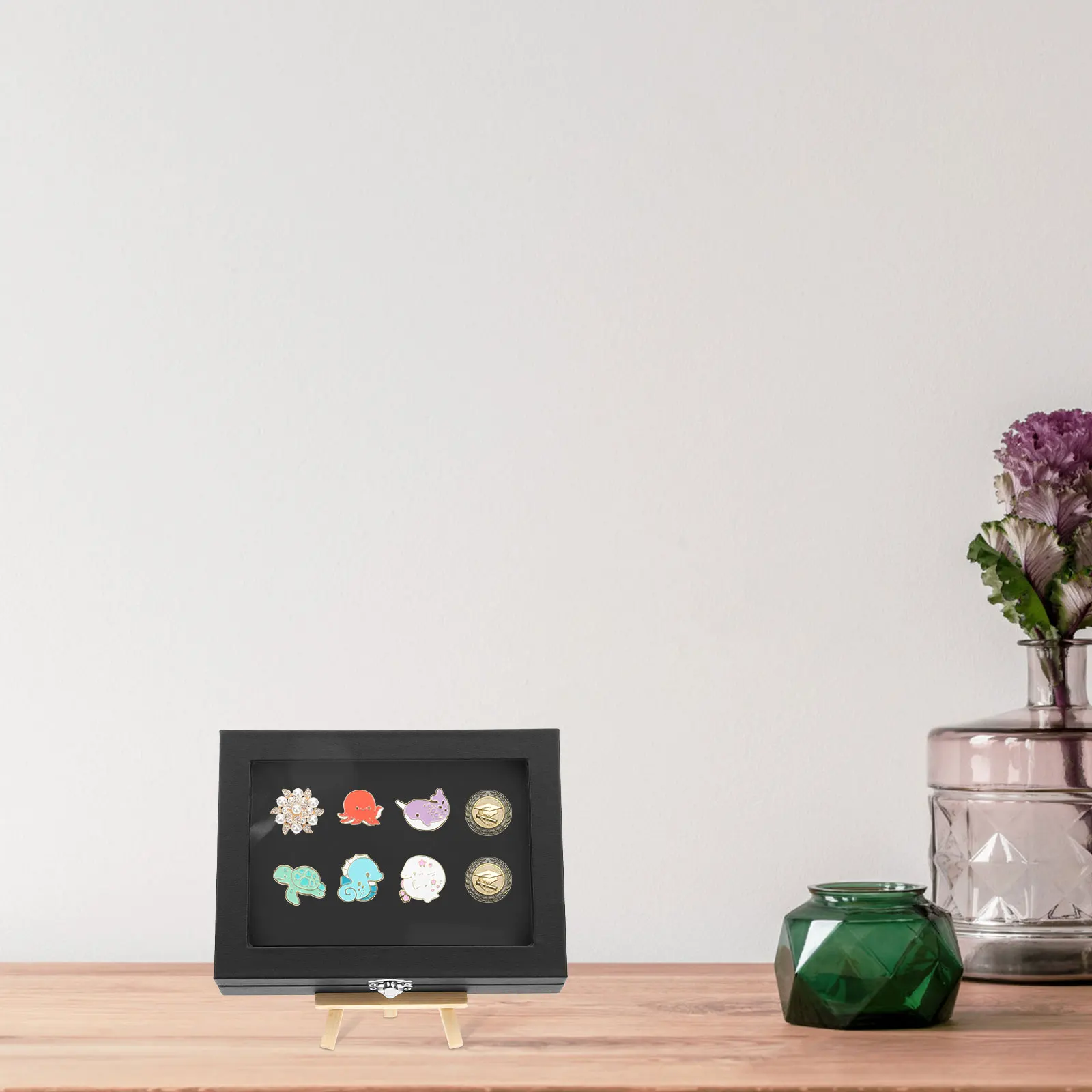 

Clear Brooch Display Case Medal Storage Box Transparent Lid Pin Organizer Desktop Jewelry Holder Badge Showcase Container Tripod