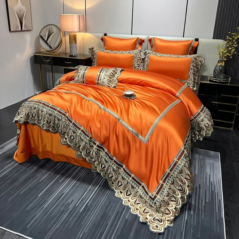 Golden Luxury Satin Silk Chic Embroidery 4/6/7Pcs Cotton Comforter Cover Set Bed Sheet Duvet Cover Bedsheet Set Pillowcases