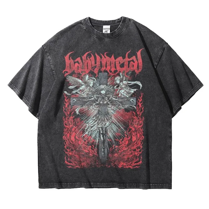 Worn Out Washed Babymetal Metal Band Retro T-shirt Oversized Loose Pure Cotton Drop Shoulders for Men and Women Heavyweight