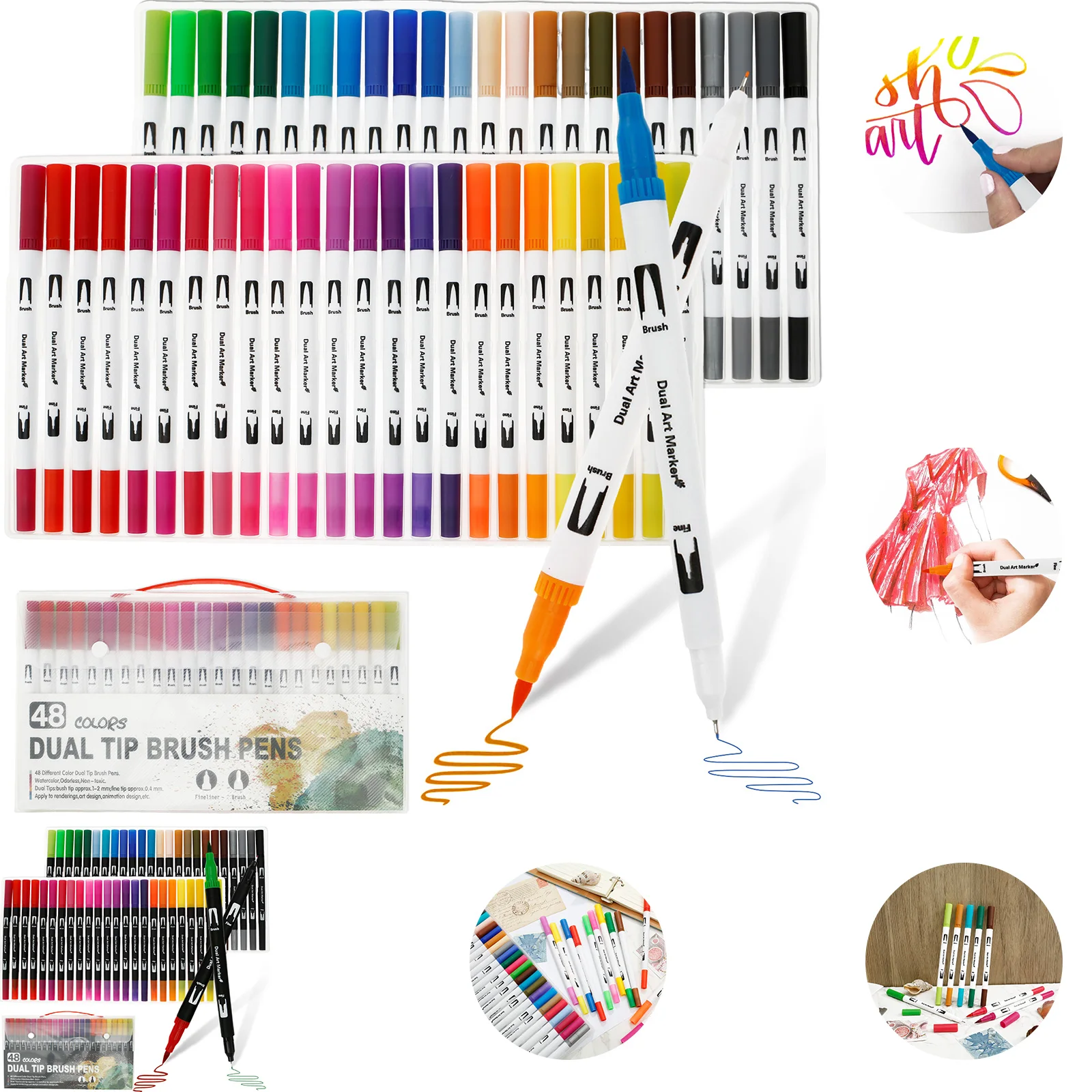 

48 Pcs Double Brush Marker Pens with Portable Box 48 Colors Art Markers Set Fine and Brush Double Tip Markers Set Art Supplies