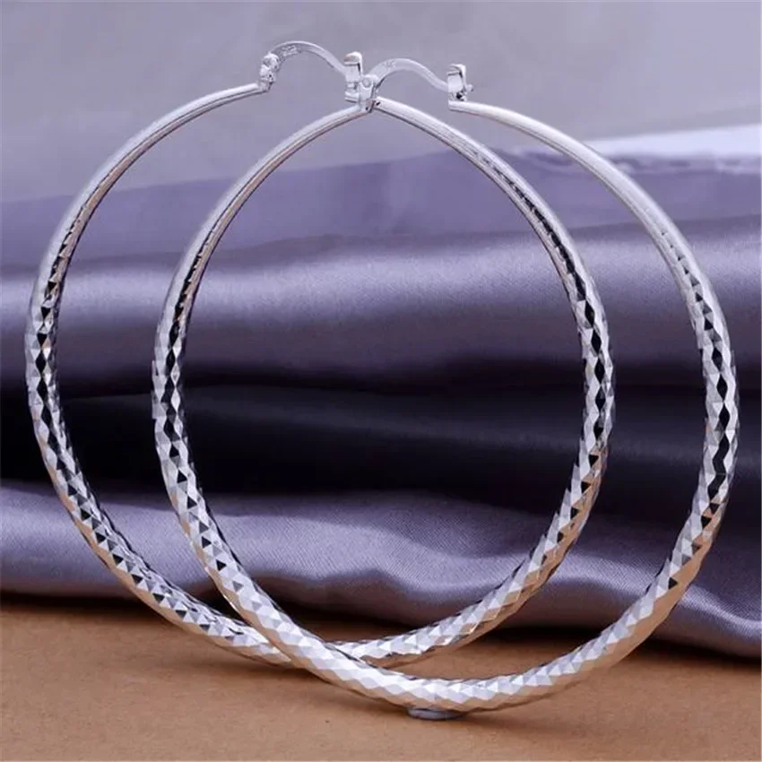 Wedding Wholesale High Quality Women Lady Nice 925 sterling silver Earrings Fashion 7cm Big Circle Favorite Jewelry Fine Gift