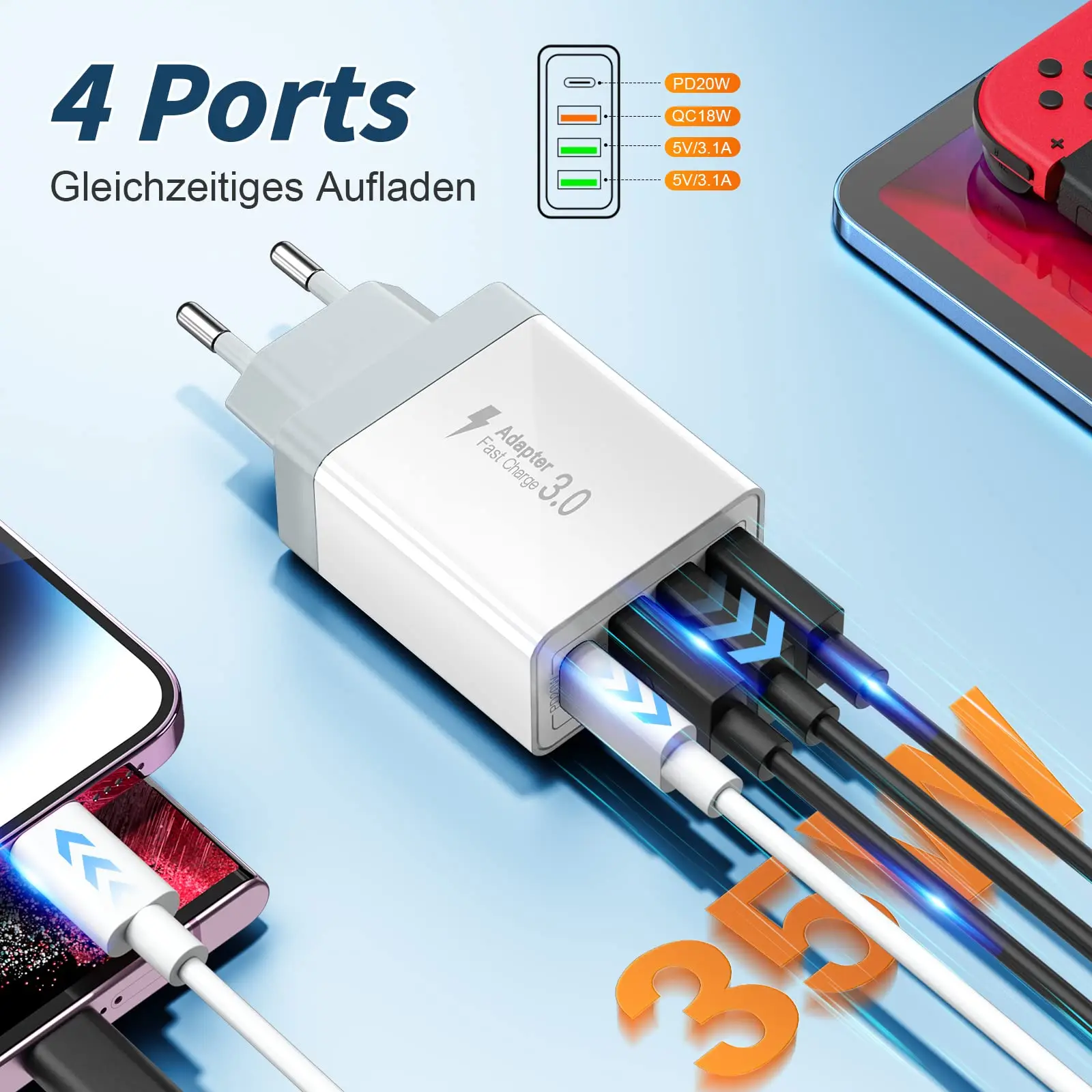 PD 35W USB Type C Charger 4 Ports Fast Charging Mobile Phone Charger Adapters For iPhone 15 Xiaomi Samsung Portable Wall Charger