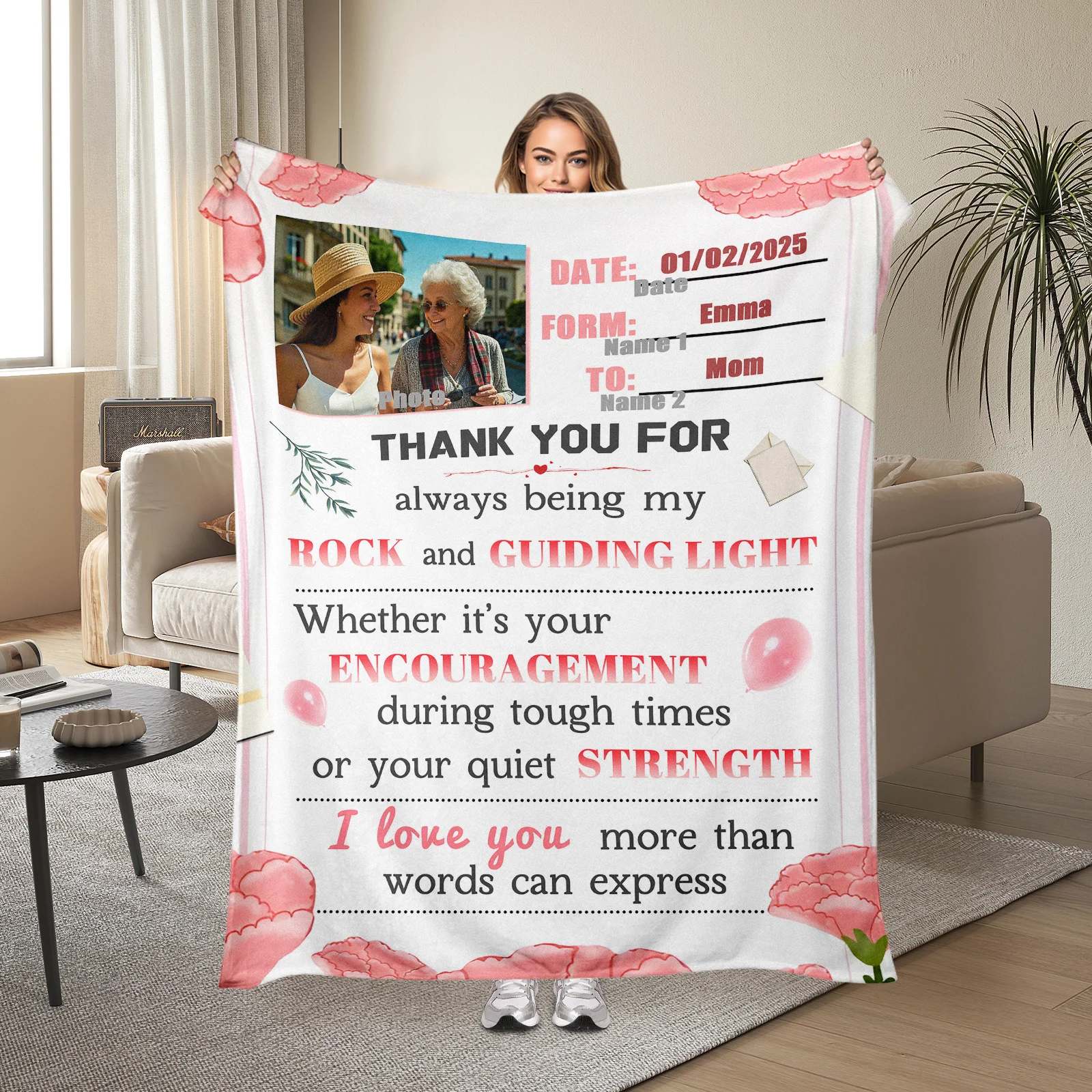 

Custom Letter-Inspired Blanket With Floral Balloon And Leaf Design Unique Home Decor Piece Featuring Artistic Patterns Cozy Gift