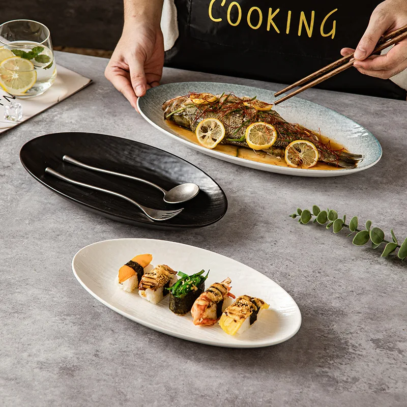 Stone-like Quicksand Ceramic Fish Dish Household Steamed Oversized Oval Commercial Tableware Restaurant