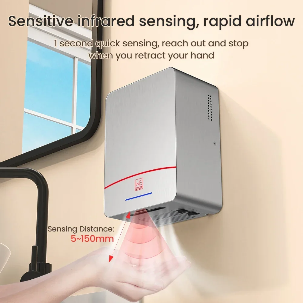 WE Dispenser 2023 New Arrival Commercial High Speed 304 Stainless Steels 1200W Automatic Sensor Wall Mounted Hand Dryer With HPE