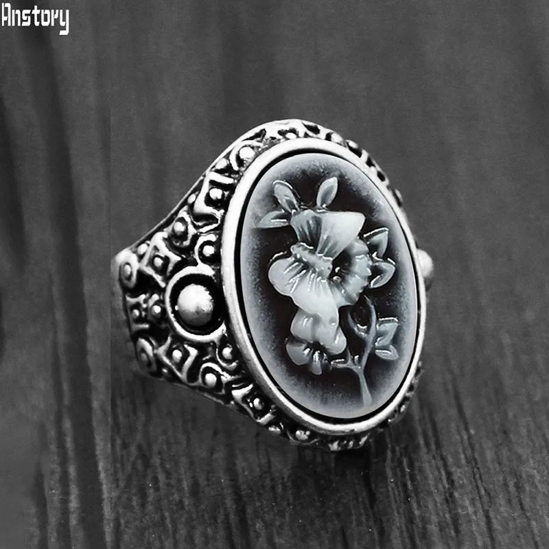 Vintage Butterfly Plant Cameo Rings For Women Antiqeus Silver Plated Fashion Bohemia Cameo Ring