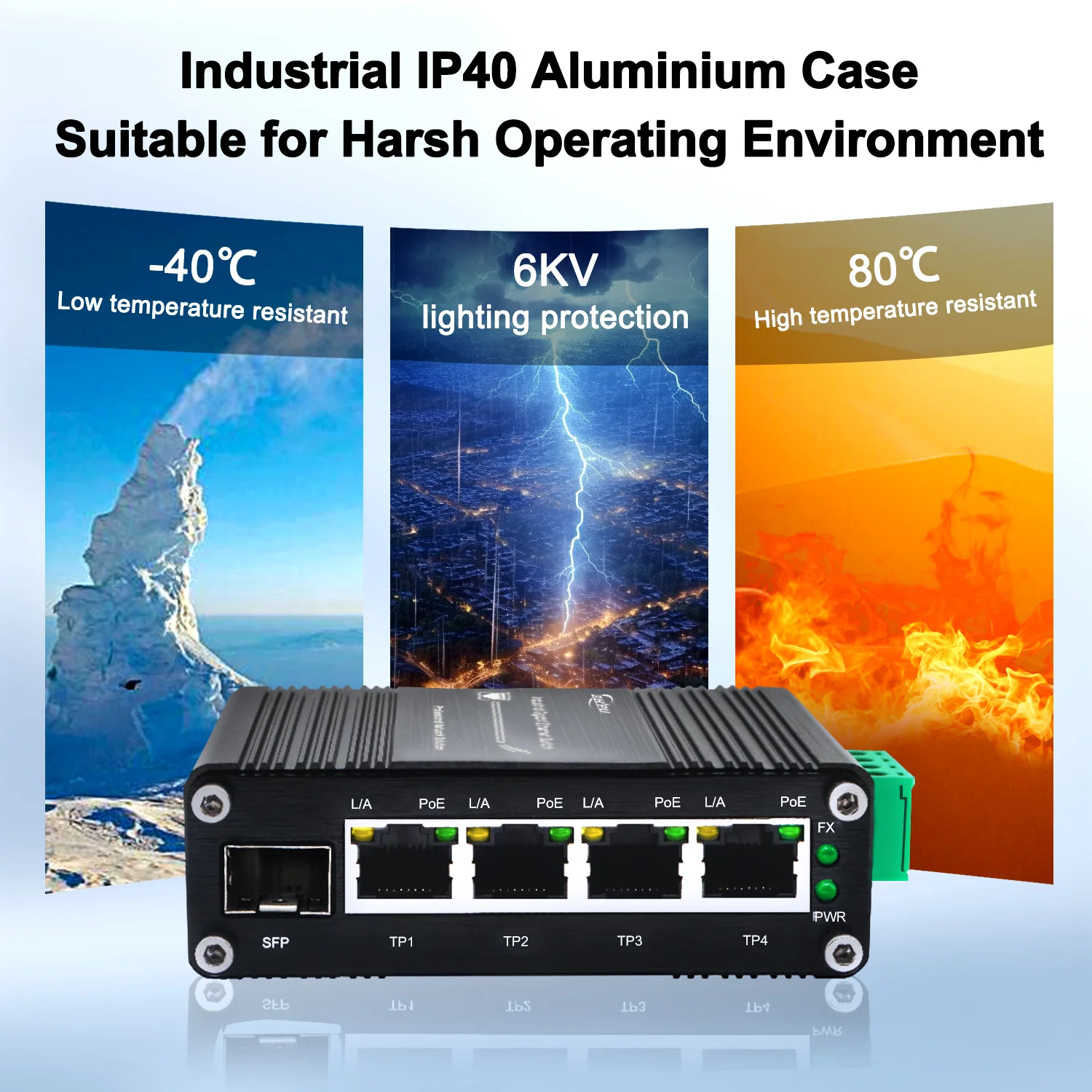 Switch PoE Gigabit óptico industrial de 2/3/4/5 portas 30W com slot SFP, IEEE802.3af/at, entrada 12-48VDC, saída PoE 48V, Rai Din