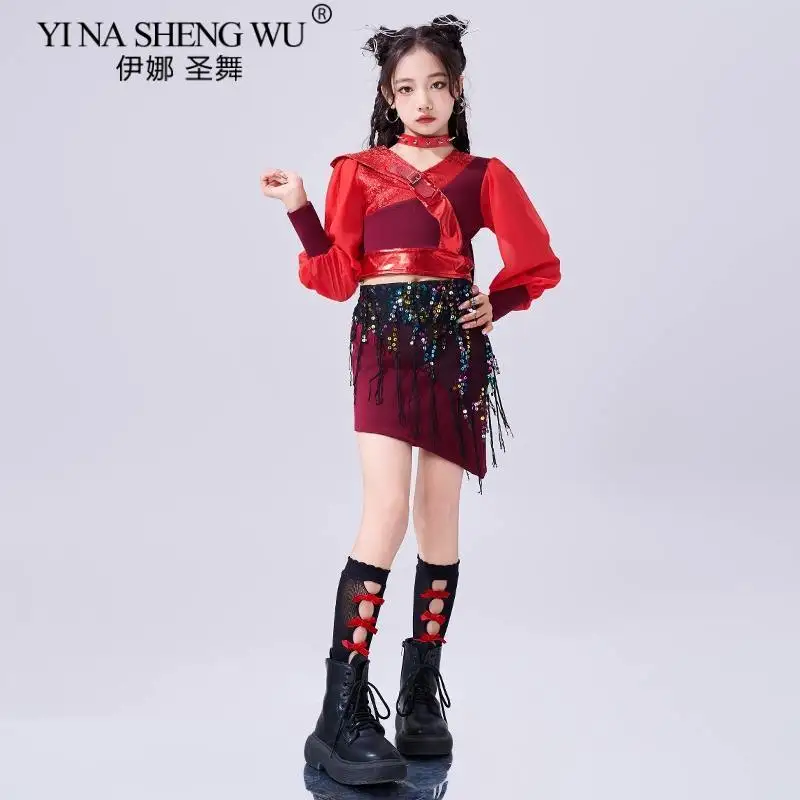 مجموعة الفتيات ملابس رقص الجاز للأطفال K-pop Dance Hip Hop Street Dance Performance زي أحمر بأكمام طويلة مجموعة تنورة علوية