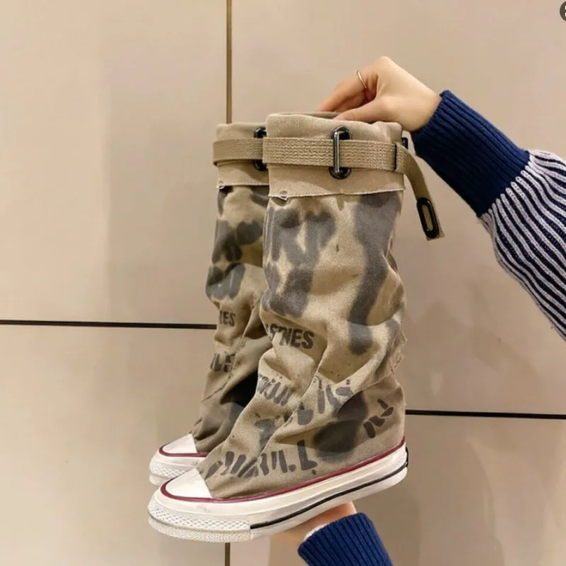 New Women's Canvas Boots Flats Design Mid Calf Boots Fashion Woman Rock Shoes Retro Punk Chelsea Boots Trend Street Lady Shoes