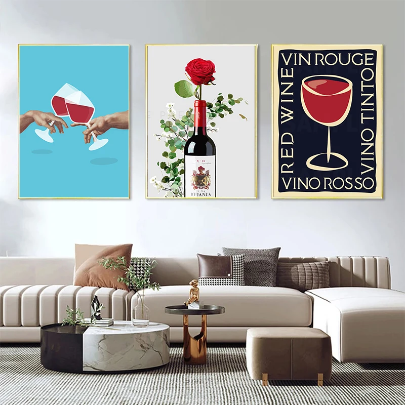 Peinture sur toile de vin rouge et boissons alcoolisées, affiche de gobelet, art mural moderne, photo pour salon, chambre à couc