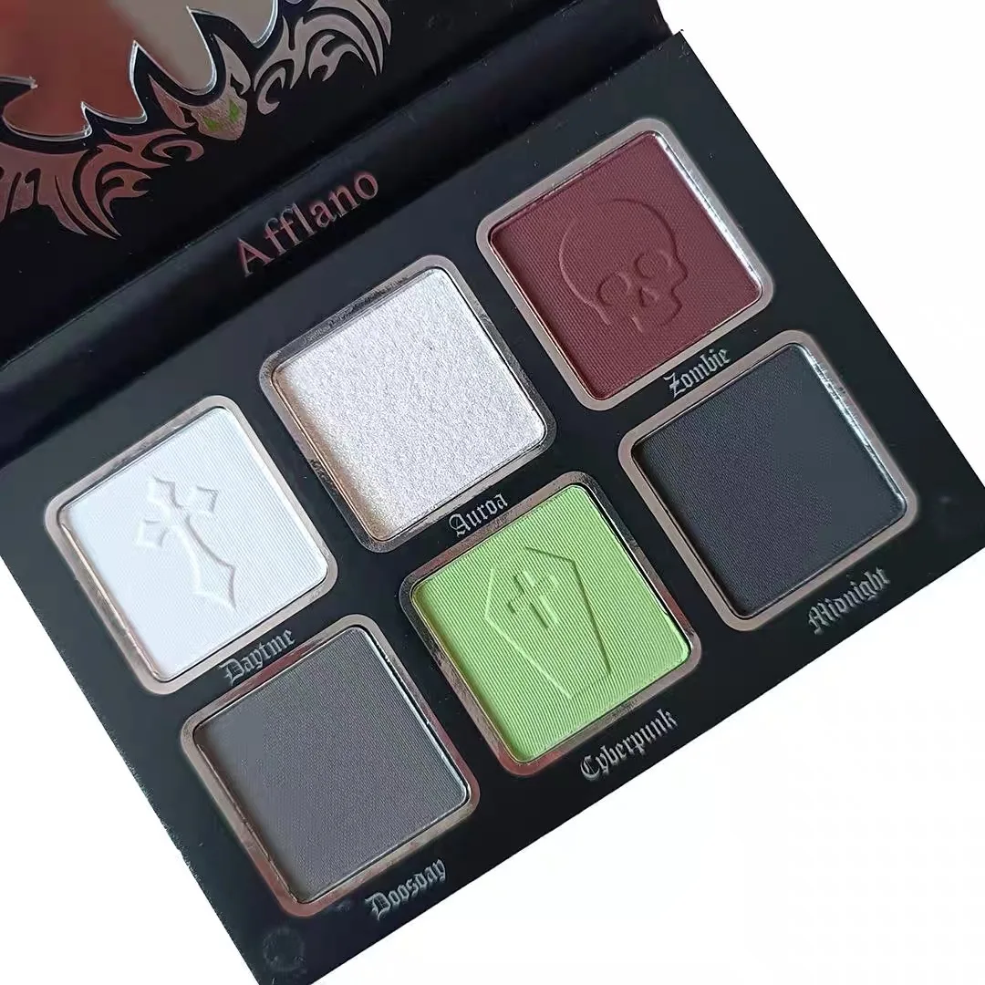 De Afflano 6 สี Goth Eyeshadow Palette สีดําสีขาวสีฟ้าสีชมพูสีแดงสีเขียวแต่งหน้า Matte Pearlescent Lasting Eye Shadow