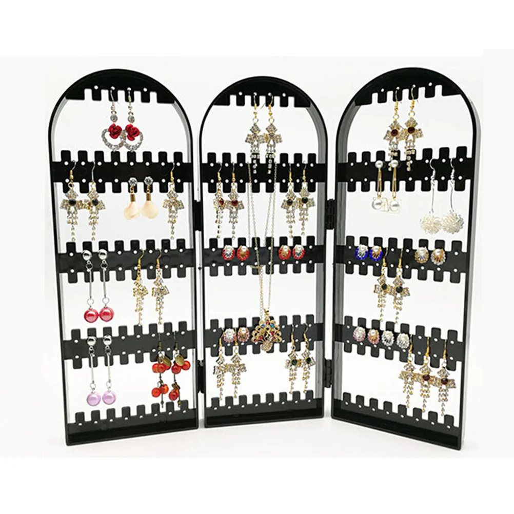 

Earring Holder Organizer Folding Plastic Stand Three Parts Black Jewelry Display Rack for Earrings Rings Watches