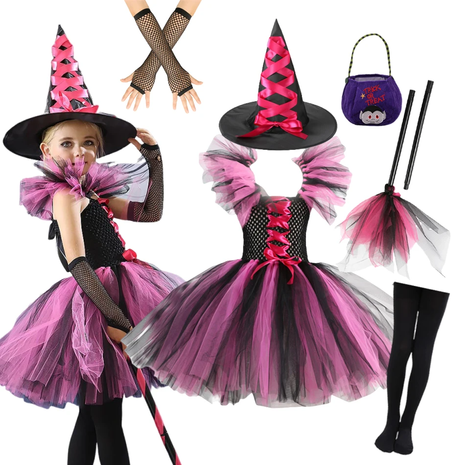 

2025 Witch Girls Halloween Cosplay Tutu Dress Costume Children Carnival Party Vestidos Dress Clothes With Hat Set Outfit