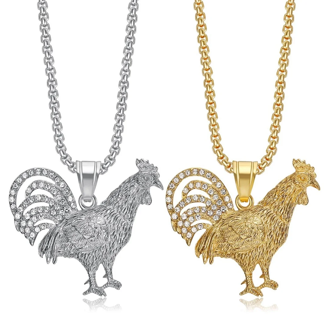 

Punk Iced Out Rooster Chook Pendant Gold Silver Color Stainless Steel Tennis Chain Zircon Animal Necklace for Woman Man Jewelry