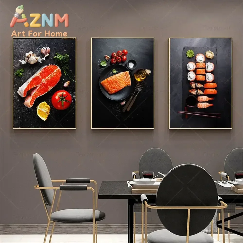 AZNM Gourmet Healthy Food Canvas Poster Salmon Sushi Fruit Spice Wine Print Kitchen Restaurant Wall Art Unframed Canvas Painting
