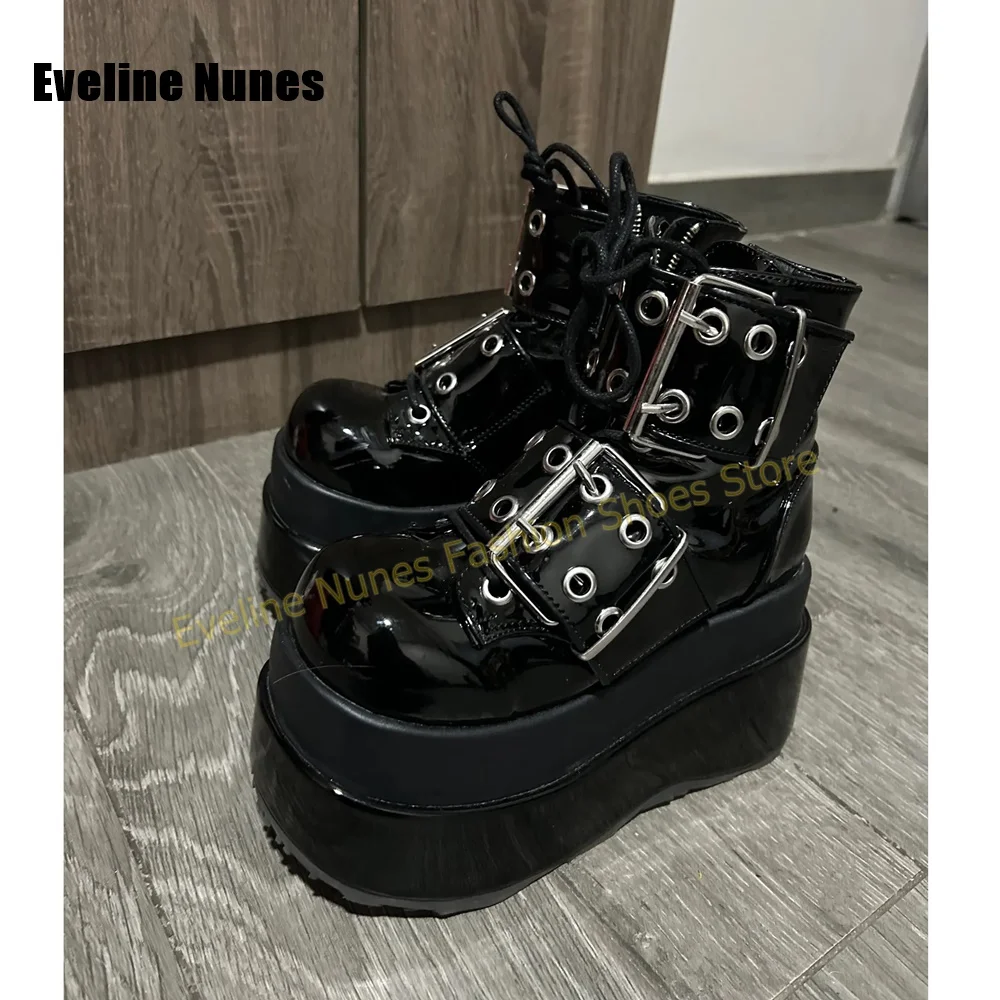 Punk Gothic Platform Ankle Booties Women Shiny Patent Leather Multi Metal Buckle Lace Up Cosplay Short Boots 2026 New Arrivals