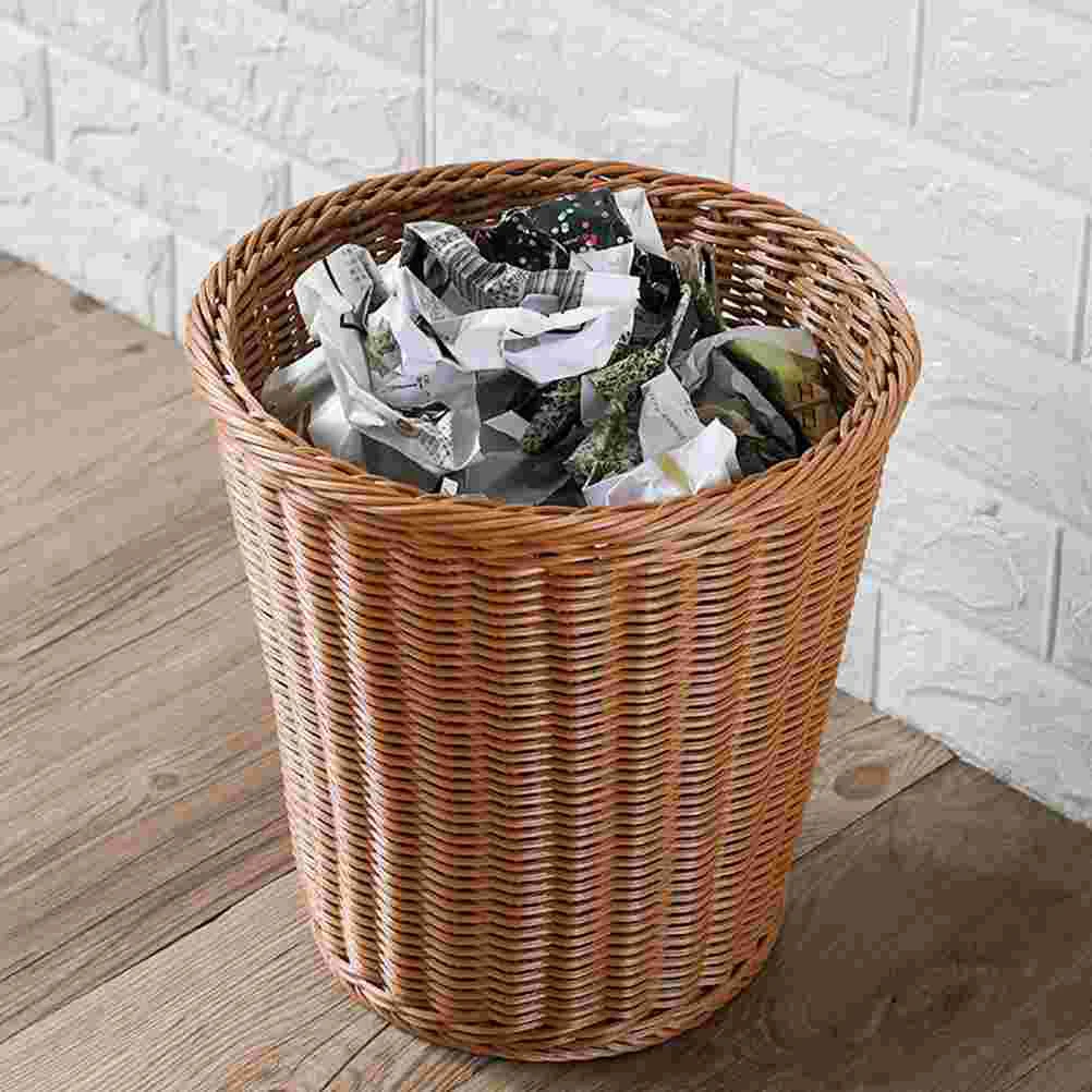 1PC False Rattan Woven Trash Bin Woven No Lid Wastebasket(Imitated Rattan Style)