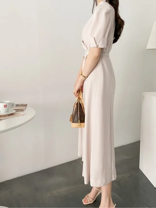 Vestido longo estilo terno de verão chique com botões duplos na cintura, cinto incluído, e e chique para trabalho, peç...