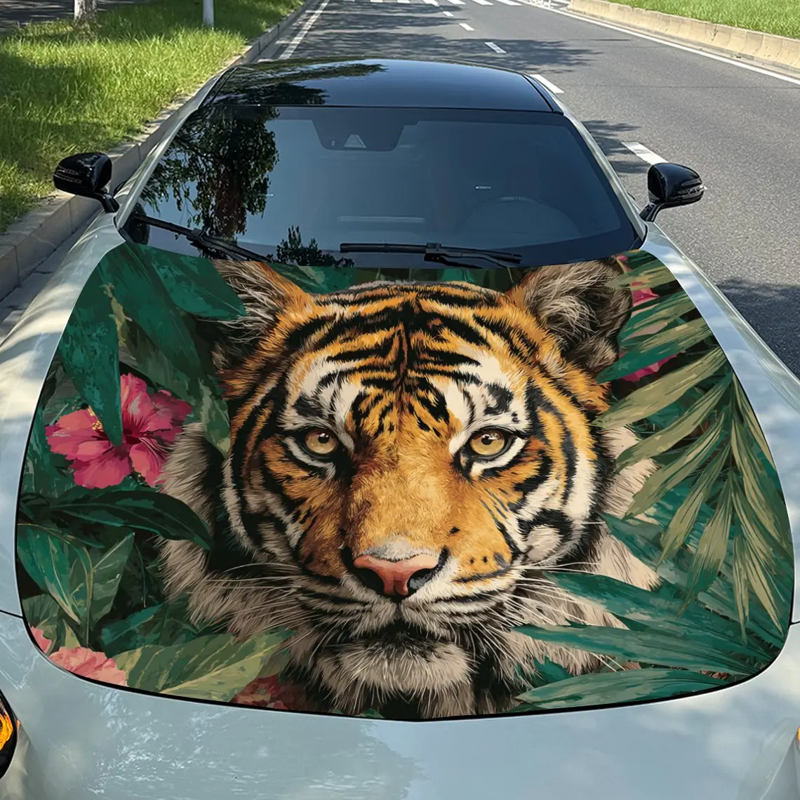 Calcomanías para coche Diseño de tigre en follaje tropical con un tigre con hojas verdes y flores rosas, excluyendo una aura vibrante y animada C