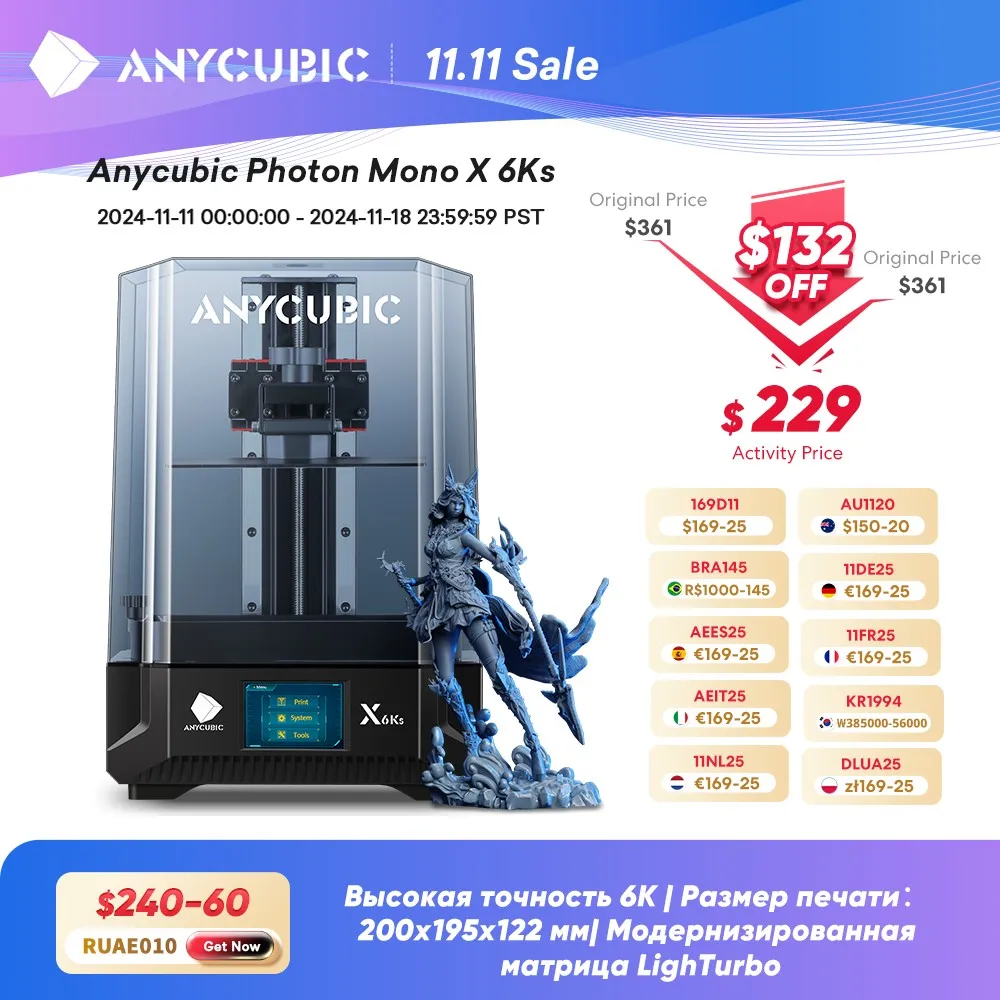 

PRESALE ANYCUBIC Photon Mono X 6Ks 6K 9.1 Inch LCD SLA 3D Printer High-Speed UV Resin 3D Printer Printing Size 200*196*122mm