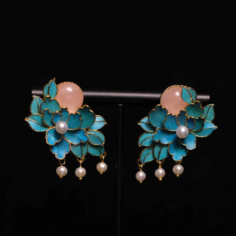 Ancient gold crafts Court style enamel Peony earrings for women Natural Hotan Jade Pearl earings Jewelry cheongsam Accessories