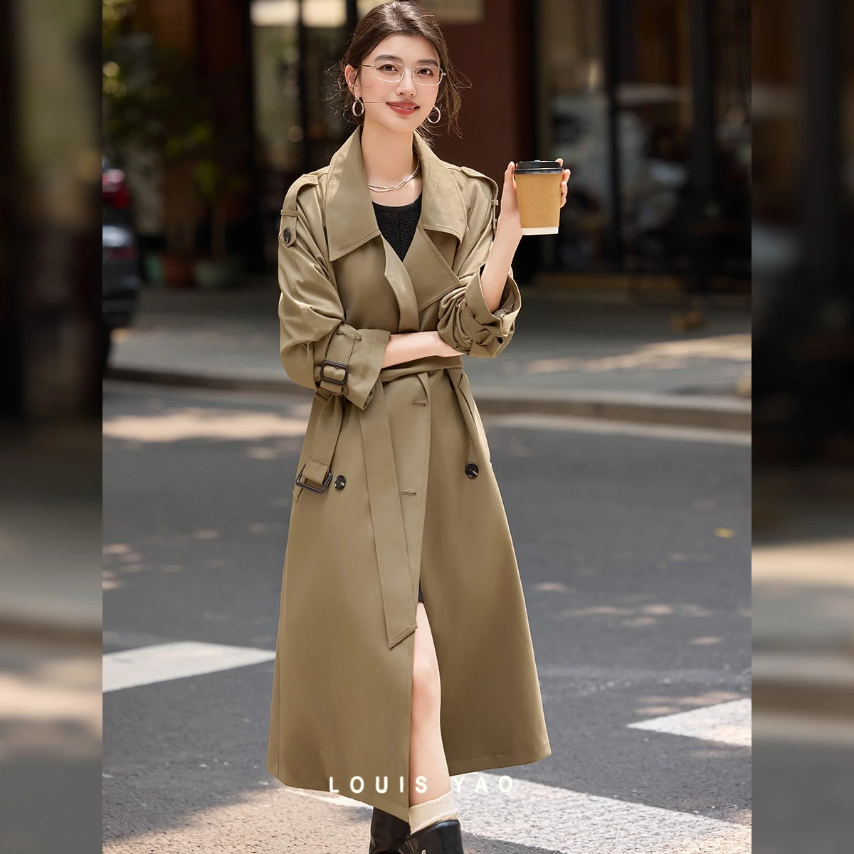 LOUIS YAO Women's Trench Coat 2026 Autumn Solid Color Turn-Down Collar Jackets Office Casual Drop Sleeve Long Coat