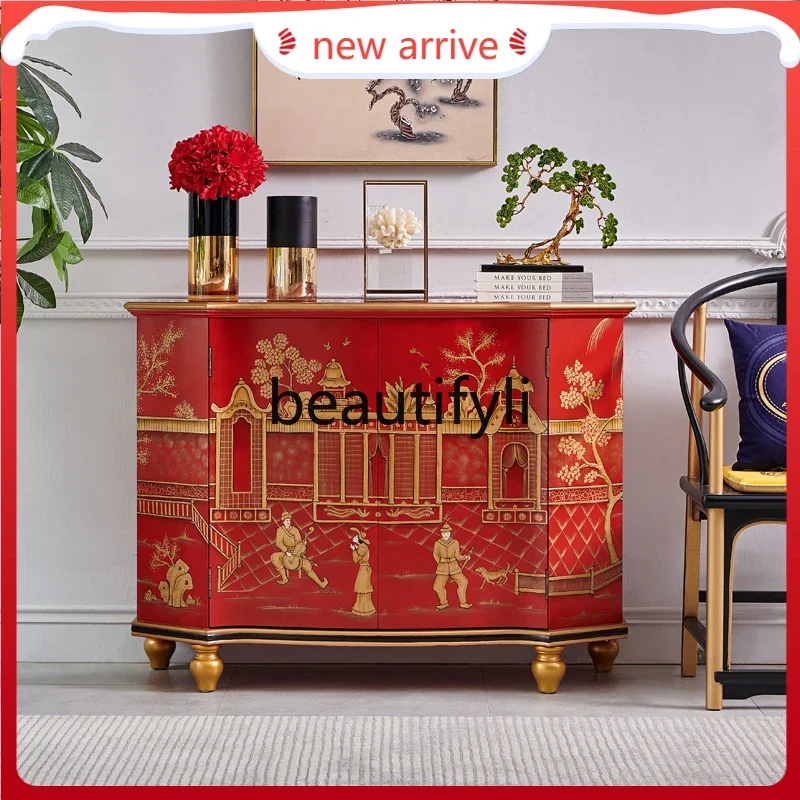 New arrive  New Chinese style red solid wood hand-painted living room art secret cabinet French villa foyer decorative cabinet