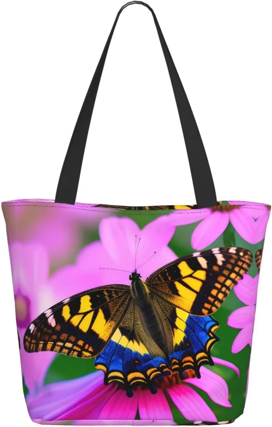 Floral Butterfly Tote Bag with Zipper for Women Inside Mesh Pocket Heavy Duty Casual Anti-water Cloth Shoulder Handbag Outdoors