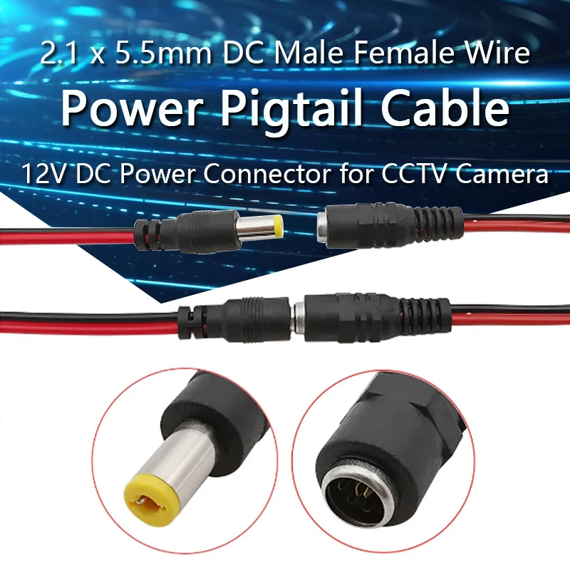 5PCS 2.1 x 5.5mm DC Male Female Power Pigtail Cable Connector Wire 12V DC Power Barrel Connectors 25CM for CCTV Security Camera